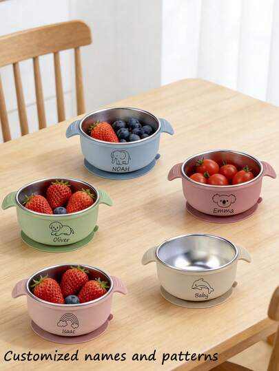 Tigela de Aço Inoxidável, Tigela de Alimentação para Bebês e Crianças Pequenas, Alças Duplas de Silicone, Anti-Escaldante e Anti-Queda, Nome e Padrão Personalizáveis