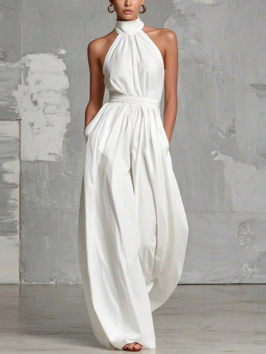 Mono (enterizo) nuevo para mujer, de moda y elegante, cintura entallada con lazo, detalles de pliegues, diseño favorecedor, perfecto para looks sofisticados - Blanco - Ver 1