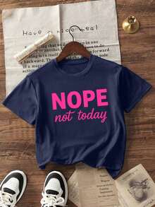 Camiseta de manga corta de mujer de ajuste holgado con cuello redondo y estampado de eslogan, nueva y casual para el verano, moda diaria y de vacaciones, adecuada para el día a día y las vacaciones - Azul marino - Ver 6