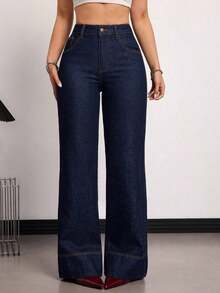 Tall Jeans de tiro alto, de pierna ancha y holgados, con bolsillos, versátiles, para uso casual en verano y primavera, elegantes para bodas y el Día de San Valentín - Azul lavado oscuro - Ver 5
