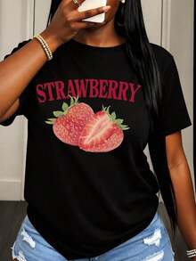 Cool Summer T-Shirt With Strawberry Print, Casual T-Shirt For Women, Fruit Graphic Top, Summer Clothes For Women, Fashionable White T-Shirt. - 黑色 - 查看 1