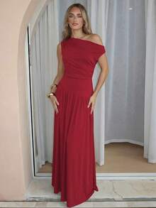 Vestido mujer verano sin mangas cuello oblicuo cintura ajustada estilo europeo elegante moda - Rojo - Ver 1