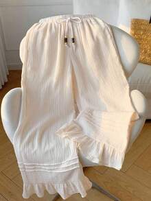 Pantalones casuales anchos con cintura con cordón para mujer - Negro - Ver 7