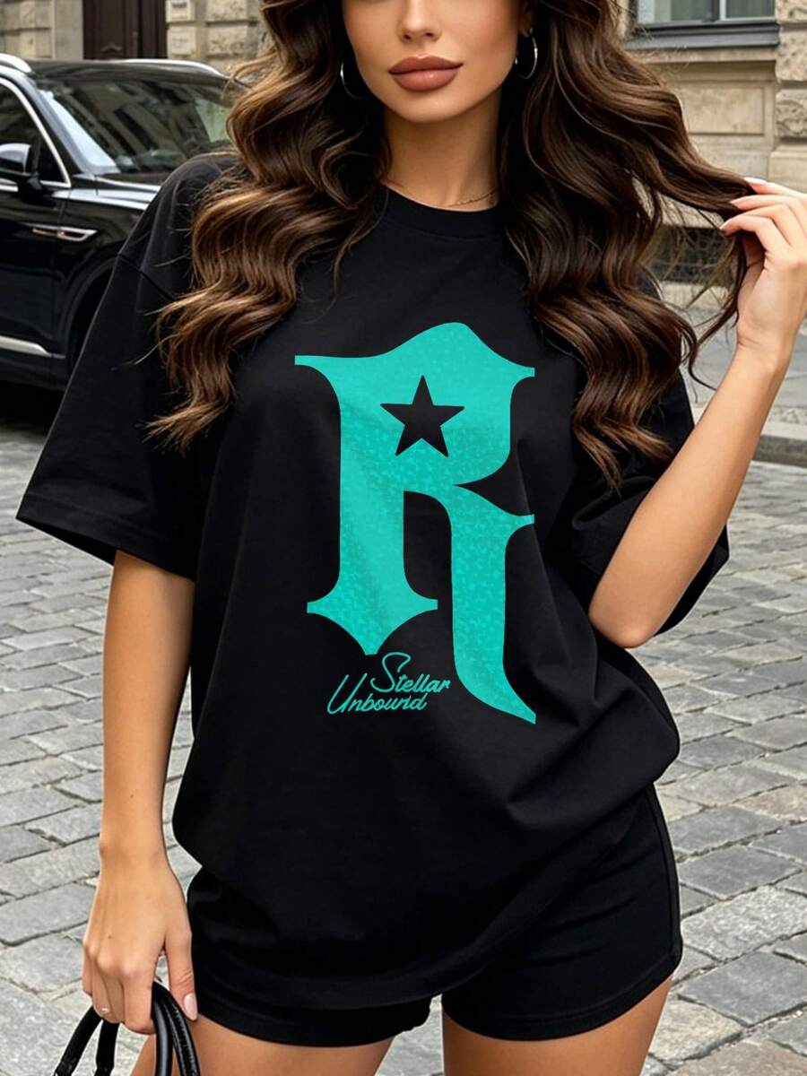 Women's Summer Casual Soft Round Neck Short Sleeve T-Shirt,The Star Letter R Print Graphic Is Suitable For Daily Wear In Spring And Summer.Black - Black - View 1