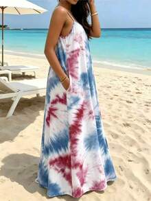 Đầm hai dây nhuộm màu tie-dye thanh lịch, thoải mái dành cho nữ cỡ lớn, dáng rộng tôn dáng, có túi, thích hợp mặc đi biển, đi nghỉ mát, đi làm hàng ngày và mặc ở nhà vào mùa hè. - Xanh và trắng - Xem 4