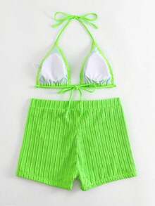 2 piezas Conjunto de bikini de unicolor con textura, tipo halter, adecuado para vacaciones de verano en la playa - Verde lima - Ver 3