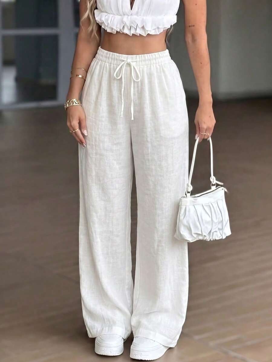Quần ống rộng bằng vải lanh màu trắng mùa hè dành cho nữ của Vaiaye, kiểu dáng thanh lịch với dây rút, thích hợp cho trang phục đường phố, đi biển và du lịch. - trắng - Xem 1