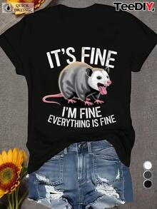 Women's Casual Short Sleeve T-Shirt - TEEDIY - Fun Design With Opossum Graphic And White Text On Black Background, Crew Neck, All-Season Comfort, Geometric Pattern, Relaxed Fit, Machine Washable, Everyday Comfort, Fun Design, Durable Fabric, Comfortable Fit, Daily Wear T-Shirt | Fun Design T-Shirt | Durable Fabric Shirt, T-Shirts - 黑色 - 查看 1