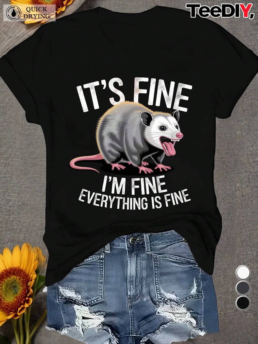 Women's Casual Short Sleeve T-Shirt - TEEDIY - Fun Design With Opossum Graphic And White Text On Black Background, Crew Neck, All-Season Comfort, Geometric Pattern, Relaxed Fit, Machine Washable, Everyday Comfort, Fun Design, Durable Fabric, Comfortable Fit, Daily Wear T-Shirt | Fun Design T-Shirt | Durable Fabric Shirt, T-Shirts - 黑色 - 查看 1