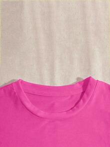 Camiseta de manga corta para mujer, cuello redondo, estampado de letras, casual, versátil, para uso diario, color rojo de verano. - Rosa Fucsia - Ver 4