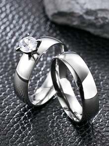 2 piezas Anillos de acero inoxidable brillante con incrustaciones de diamantes de imitación de lujo, anillos elegantes para pareja para boda, banquete y uso diario para mujeres - Anillos de boda - Ver 13