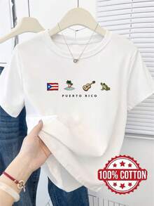 TH533 New Women's T-Shirt, Small Pattern And Letter Print Design, Fashionable Casual T-Shirt, 100% Round Neck And Short Sleeve, Sweat Absorbent And Breathable, Comfortable And Stylish Casual Home Wear, T-Shirt For Spring, Summer And Autumn. - 白色 - 查看 1