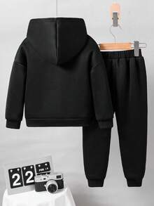 Young Boy Letter Print Crew Neck Long Sleeve Warm Sweatshirt And Pants Set - Black - View 3