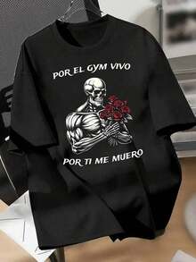 Short-Sleeved T-Shirt With A Skull, Rose, And Graffiti Print, American Urban Design, Unisex, High Street Style, For Couples. Loose-Fitting, Casual, And Versatile T-Shirt. - 黑色 - 查看 9