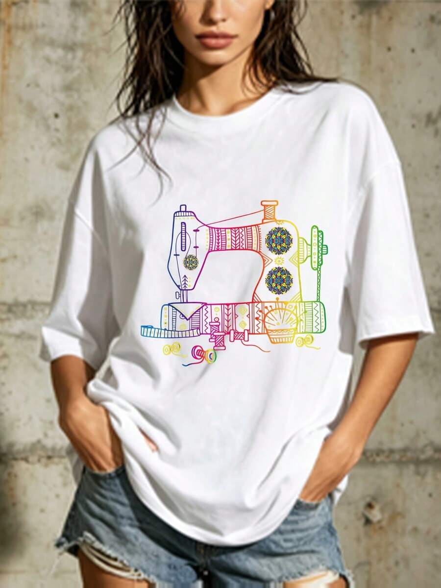 180g T-Shirt With Sewing Machine Design, Suitable For Family Gatherings - A Perfect Gift For Craft Enthusiasts And Birthday Celebrations, Stylish And Comfortable, For Everyday Use - Unisex Loose Cotton T-Shirt With Short Sleeves And Urban Vintage Style Round Neck. - 白色 - 查看 1