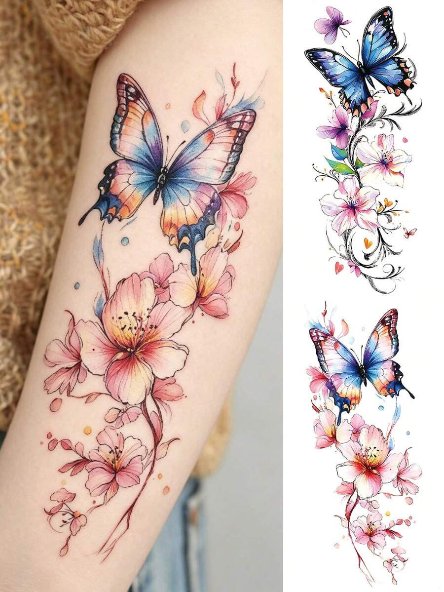 2 Sheets Big Size Body Art Temporary Tattoo Stickers For Women, Colorful Flower And Butterfly Mixed Pattern, Waterproof Fake Tattoo, Lasts 2-5 Days, Covering Scars, Can Be Used On Arms Wrist Shoulders Legs Waist Neck Hand Chest Thighs Finger Ankle, Suitable For Parties, Gifts, Vacations, Body Decoration - Multicolor - View 1