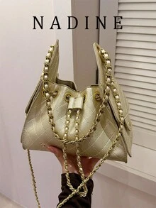 Rhombus Pattern Women's Large Capacity Shoulder Crossbody Drawstring Bucket Bag, Commuter Handbag - Gold - View 8