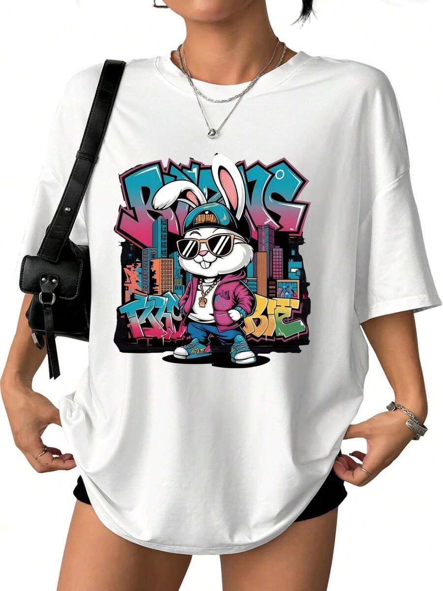 Men's And Women's Casual Cotton T-Shirt, New Spring/Summer Collection, With A Rabbit-Hop And Urban Graffiti Print, Soft And Comfortable Fabric, Casual And Versatile, Summer Wear, Great As A Gift, Available At A Local Store. FIBL - 白色 - 查看 1