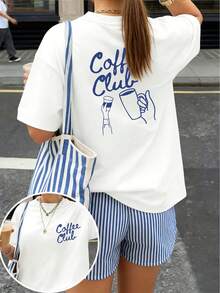 Women's Pure Cotton Short Sleeve T-Shirt With Vintage Cafe Club Print - High Elasticity Crew Neck Casual Top, Comfortable Top, Coffee Theme Design, Machine Washable, Suitable For Daily Wear And Layering, Summer Clothes For Women, Summer Top, Blouses And Shirts For Women. NOHU - 黑色 2 - 查看 9