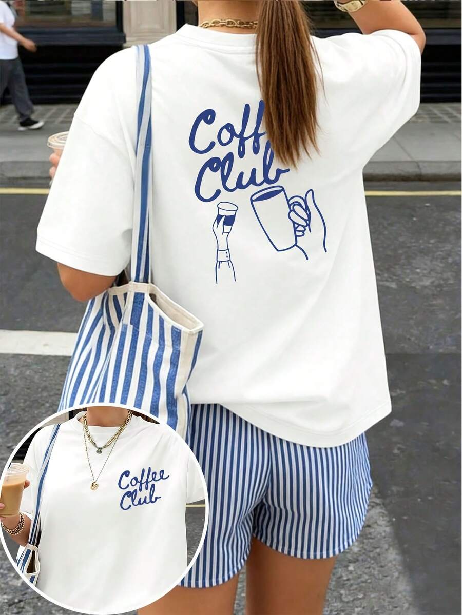 Women's Pure Cotton Short Sleeve T-Shirt With Vintage Cafe Club Print - High Elasticity Crew Neck Casual Top, Comfortable Top, Coffee Theme Design, Machine Washable, Suitable For Daily Wear And Layering, Summer Clothes For Women, Summer Top, Blouses And Shirts For Women. NOHU - 白色 - 查看 1