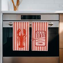 2条装厨房毛巾，夏季橙色条纹沙丁鱼罐头和龙虾图案，超柔软微纤维厨房毛巾，洗碗布，完美的乔迁和家庭聚会礼物，厨房洗碗布和毛巾，节日家居装饰 - 亮橙色 - 查看 5
