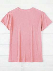 Camiseta casual de mujer de cuello redondo y manga corta con estampado de letras y limones - Rosa Pálido - Ver 2