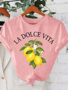 Camiseta casual de mujer de cuello redondo y manga corta con estampado de letras y limones - Rosa Pálido - Ver 5