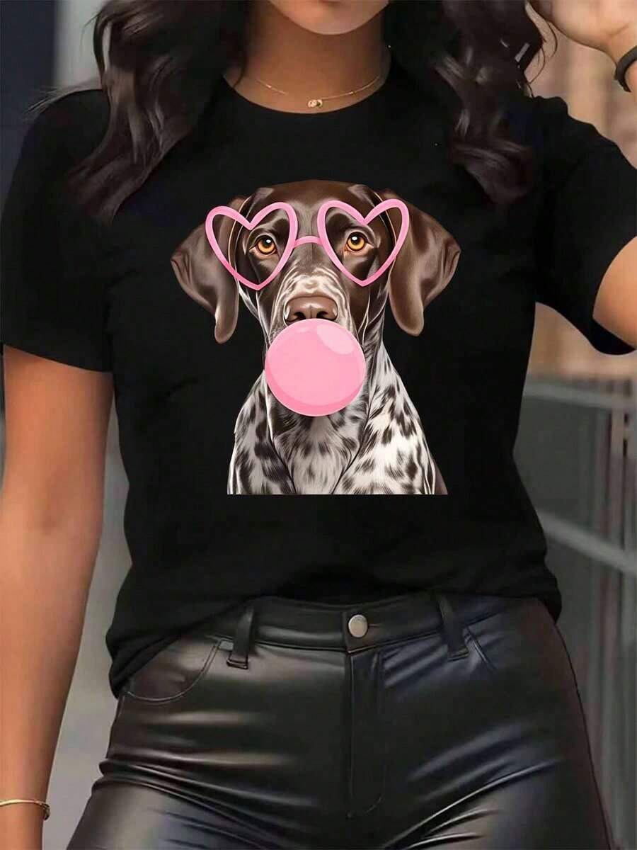 New Arrivals For Summer. Women's T-Shirt With A Dog Print Featuring Pink And Bubblegum Heart Glasses, Round Neck, Casual Everyday Wear, Soft And Comfortable, Perfect For Festivals, Shirt > Beautiful. - 黑色 - 查看 1