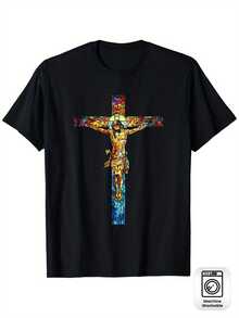 Black Christian Religious T-Shirt - Loose Fit, Round Neck With Jesus Cross Design, Soft And Breathable Cotton T-Shirt, Suitable For Church, Easter And Daily Religious Wear, Machine Washable Spiritual Clothing, Comfortable Jersey, Stained Glass Effect, Durable Casual Clothing, Lightweight And Easy Care Material, Garment For Devout Christians. - 黑色 - 查看 1