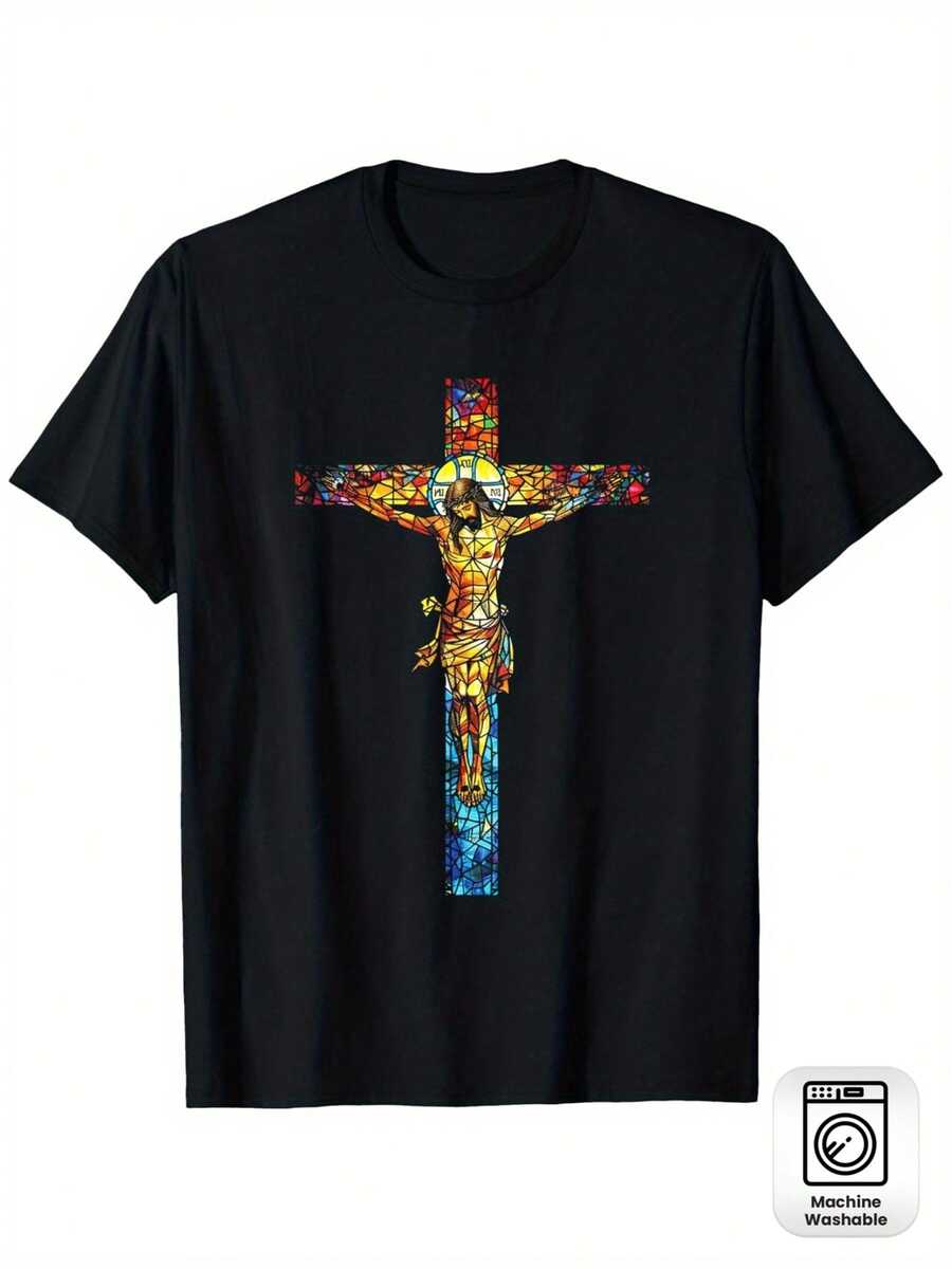 Black Christian Religious T-Shirt - Loose Fit, Round Neck With Jesus Cross Design, Soft And Breathable Cotton T-Shirt, Suitable For Church, Easter And Daily Religious Wear, Machine Washable Spiritual Clothing, Comfortable Jersey, Stained Glass Effect, Durable Casual Clothing, Lightweight And Easy Care Material, Garment For Devout Christians. - 黑色 - 查看 1