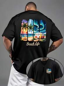 T-Shirt With Retro Illustration Of Glasses And City, Blue And Orange Blocks, The Inscription "Bad Life" And Urban Details, Graphic T-Shirt. - 黑色 - 查看 1