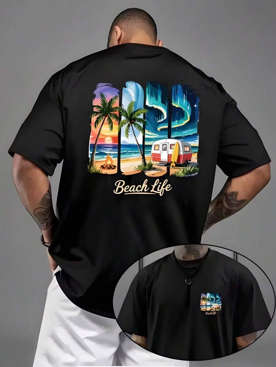 T-Shirt With Retro Illustration Of Glasses And City, Blue And Orange Blocks, The Inscription "Bad Life" And Urban Details, Graphic T-Shirt. - 黑色 - 查看 1