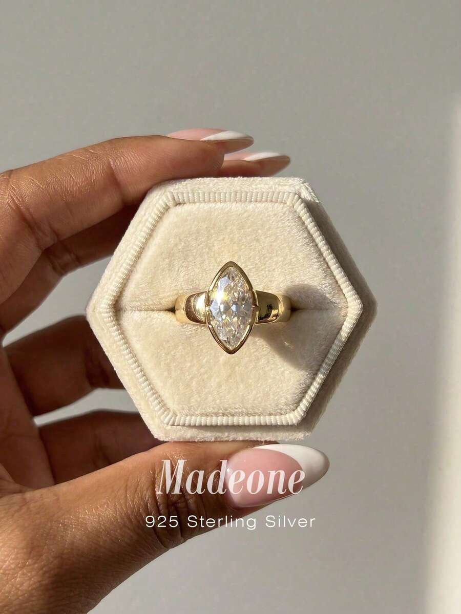 MADEONE 1枚璀璨夺目的立方氧化锆眼睛形状925纯银戒指，精致珠宝，女士结婚/订婚礼物 - 金色 - 查看 1