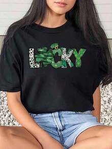 1 Piece Women's T-Shirt With Lucky Pattern And Text Print, Green, For Festival And Daily Wear, Round Neck, Short Sleeve, Soft And Comfortable, 220g/180g, 100% Cotton - 黑色 - 查看 10