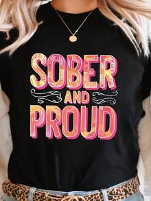 Women's T-Shirts, Women's T-Shirts, SOBER & PROUD Women's Short Sleeve Crew Neck T-Shirt - Bright Geometric Pattern, Medium Elasticity Casual Top, Machine Washable For All Seasons Comfort, Women's T-Shirt, Soft Texture Fabric. - 1件黑色隨機圖案 - 查看 2