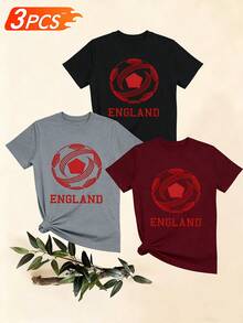 Women's T-Shirts, Women's T-Shirts, Short-Sleeved T-Shirt With Round Neck, Casual Sporty Style, With Football Print And England Lettering. - 1件黑色隨機圖案 - 查看 6
