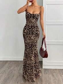 Vestido casual largo para mujer, estampado de leopardo con tirantes de moda sencilla, para uso diario - Multicolor 2 - Ver 8