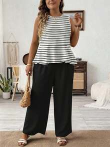 LUNE Conjunto de 2 Piezas para Mujer Talla Grande, Camisola de Verano de Color Sólido con Cuello Redondo y Volantes en el Bajo y Pantalón de Pierna Ancha Holgado - Multicolor 6 - Ver 5