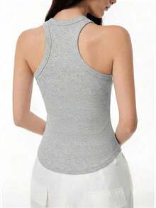 Camiseta sin espalda acanalada con bajo curvo de color azul marino, camiseta sin espalda de uso diario casual, camiseta ajustada de mujer de color azul marino - Gris Claro - Ver 2