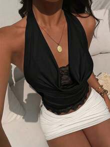 Nuevo Camisol de Mujer con Cuello Halter, Espalda Descubierta y Tirantes con Lazo, Diseño de Encaje y Parches, Adecuado para Vacaciones y Playa - Negro - Ver 4