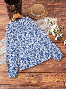 Camisa casual de hombro abierto para mujer con mangas de linterna y estampado floral pequeño, para primavera/verano - Azul - Ver 2
