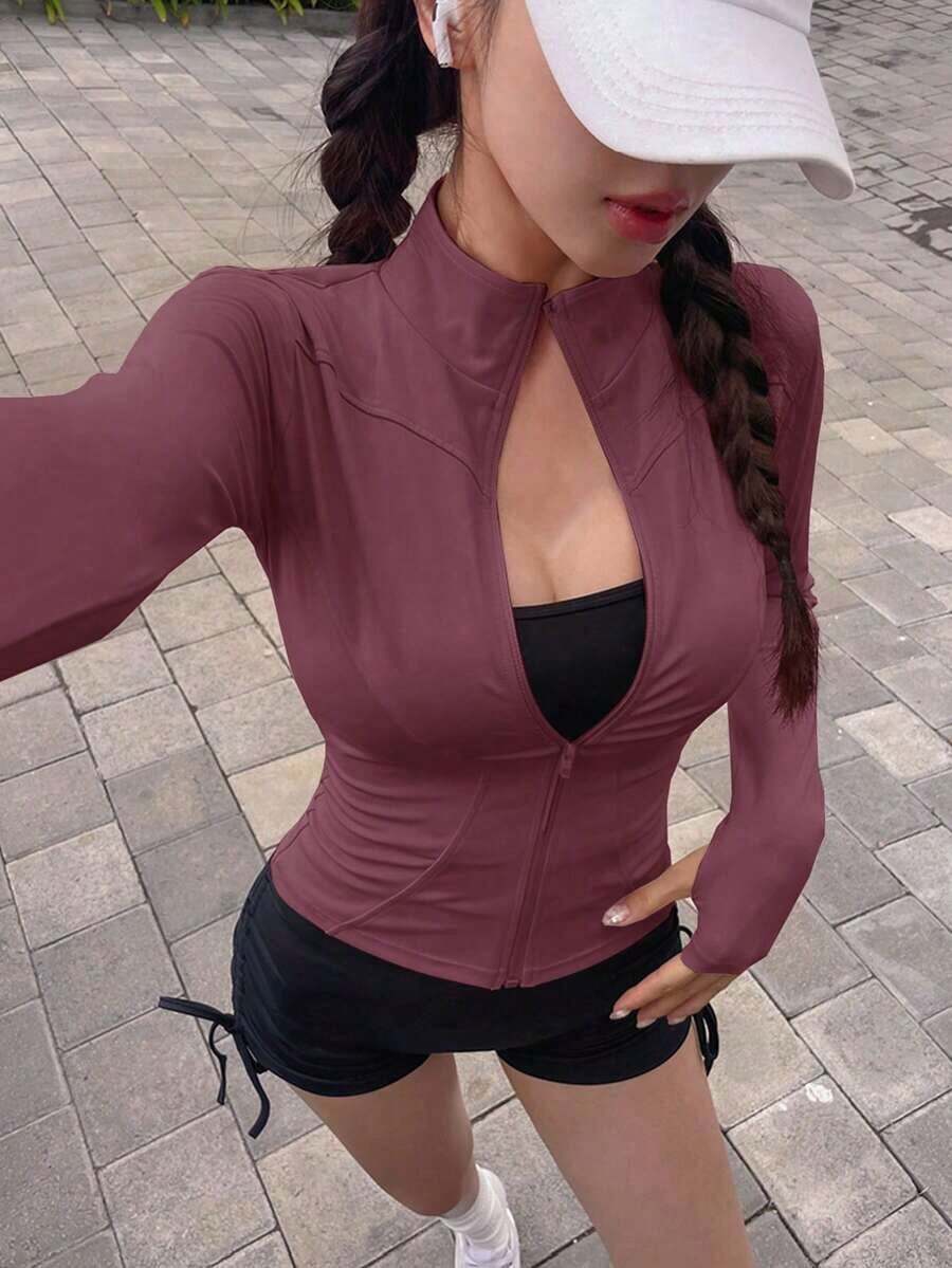 Chaqueta de manga larga de cuello alto elástico de unicolor entallada, ropa deportiva y casual, primavera/otoño - Rosa Fucsia - Ver 1