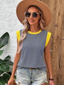 Camiseta casual de mujer con bloques de color y rayas, de verano - Azul - Ver 4