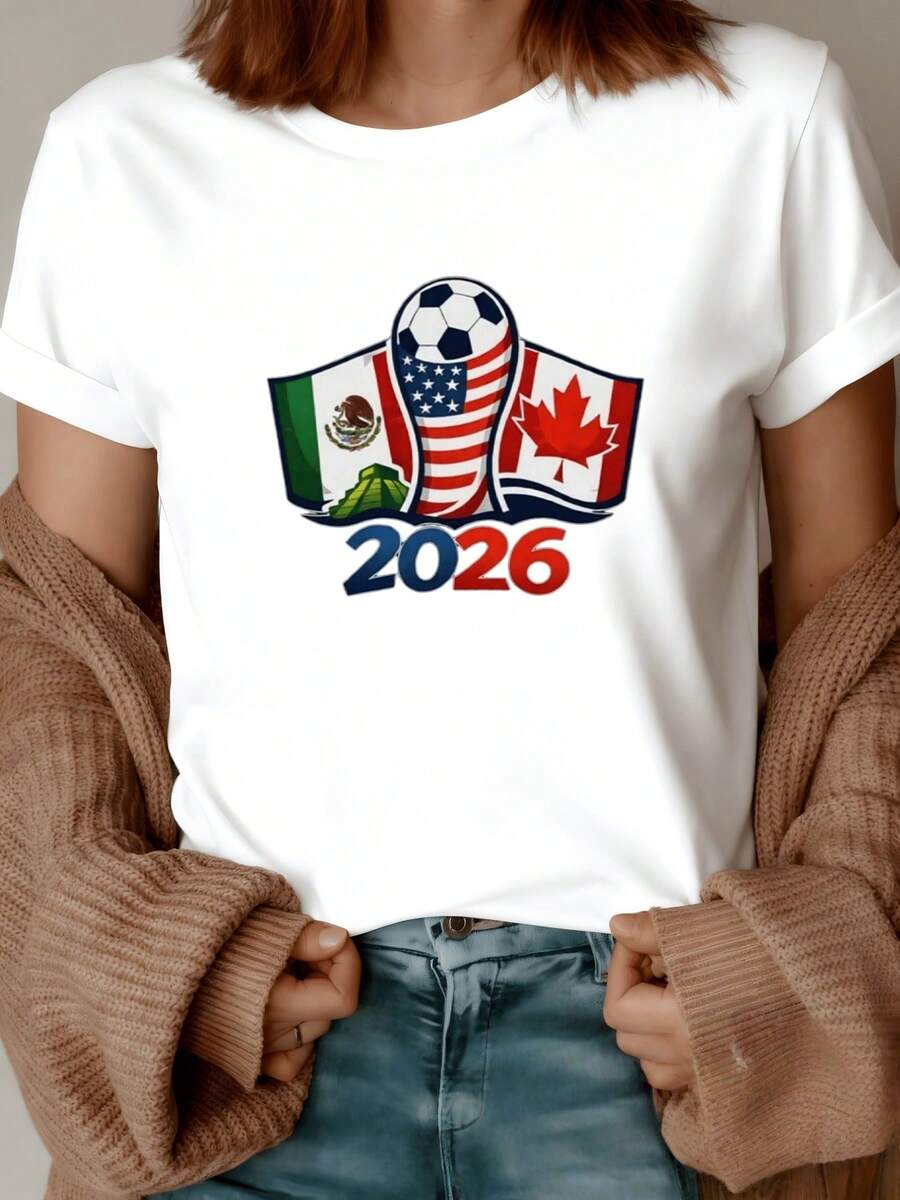United Flags Of Mexico, The United States, And Canada With A Soccer Ball Celebrating Sportsmanship And Friendship Towards 2026. Women's Casual, Modern, Comfortable T-Shirt - 白色 - 查看 1