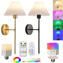 Juegos de lámparas de pared con batería, luces de pared recargables doradas con bombilla con control remoto magnético desmontable, 12 colores RGB y 3 temperaturas de color, lámpara de pared inalámbrica regulable para Lámpara de pared inalámbrica a batería para dormitorio, con control remoto RGB, para baño, mesita de noche, sala de estar y escalera. - Estilo JK-11 - Negro - Sujetador plisado - Paquete de 2 - Ver 3