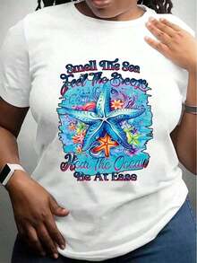 1 Piece Women's Round Neck T-Shirt, Starfish And Flower Design, With The Phrase "Feel The Aroma Of The Sea, Feel The Breeze, Listen To The Ocean, Feel In Harmony", For Summer Beach Holidays, 100% Cotton, 180g. - 白色 - 查看 1