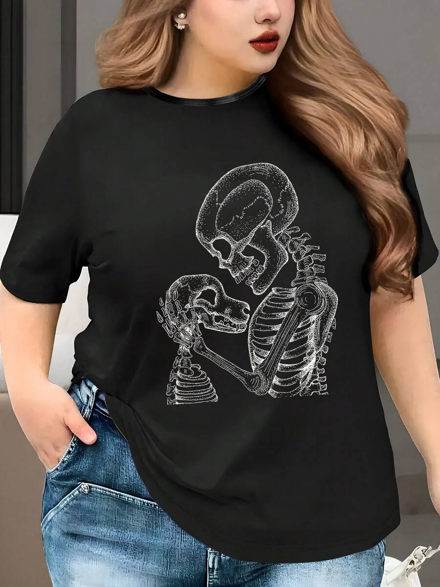 Talla grande, camiseta casual en Y de talla grande para mujer, estampado de calavera de perro, camiseta de manga corta de ajuste cómodo, top casual de moda transpirable - Negro - Ver 1