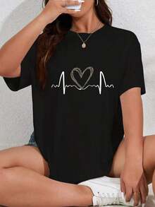 Vintage Women's Short Sleeve T-Shirt With Summer Love Monogrammed Print, Casual Plus Size Graphic Tee - 黑色 - 查看 7