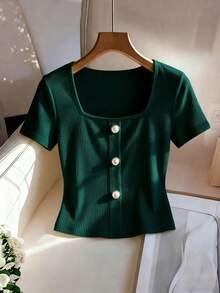 Camiseta de mujer de unicolor simple en color albaricoque, con cuello cuadrado, manga corta, de ajuste ceñido y elástica.Adecuada para uso diario, con decoración de botones, diseño minimalista.Atuendo versátil y elegante, apropiado para la temp - Verde - Ver 5