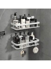 2Pcs No Drill Shower Caddy Shelf Heavy Duty Rust Resistant Plastic Wall Rack With Drain Hole Self Adhesive Space Saver For Shampoo Cosmetic Toothbrush Kitchen Bathroom Household Organizer - Multicolor 2 - View 9